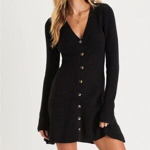 French Grey V-Neck Sweater Dress Button Front Black Ribbed Size Large Wantable